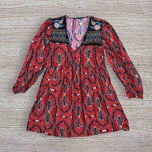ZARA Boho Fall Embroidered Floral Paisley Print V-Neck Shift Velour Dress XS